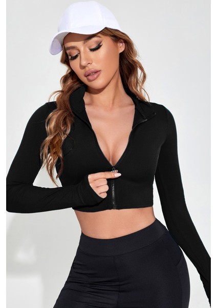 Kadın Siyah Uzun Kol Fermuarlı Parmak Geçme Detaylı Dik Yaka Crop Top Bluz