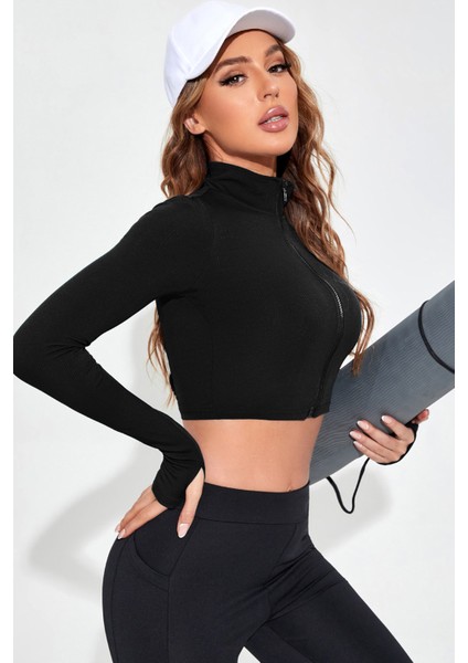 Kadın Siyah Uzun Kol Fermuarlı Parmak Geçme Detaylı Dik Yaka Crop Top Bluz modelleri