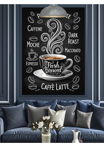 Siyah Beyaz Duman Çizimli Latte Kahve Afişi Dekoratif Kanvas - Mdf Ahşap Tablo