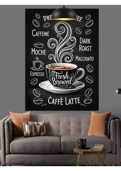 Siyah Beyaz Duman Çizimli Latte Kahve Afişi Dekoratif Kanvas - Mdf Ahşap Tablo fiyatları