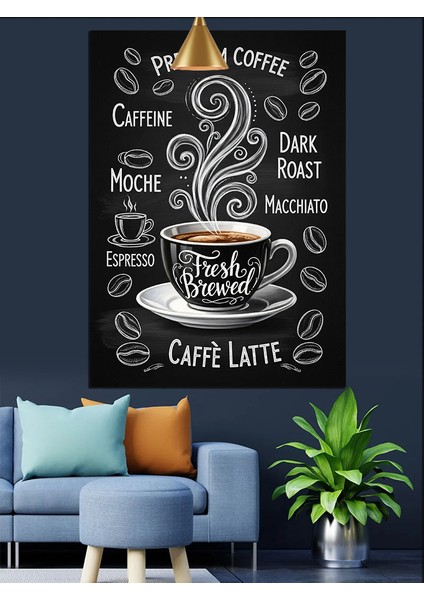 Siyah Beyaz Duman Çizimli Latte Kahve Afişi Dekoratif Kanvas - Mdf Ahşap Tablo modelleri