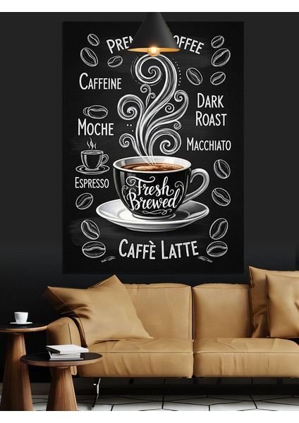 Siyah Beyaz Duman Çizimli Latte Kahve Afişi Dekoratif Kanvas - Mdf Ahşap Tablo fırsatları