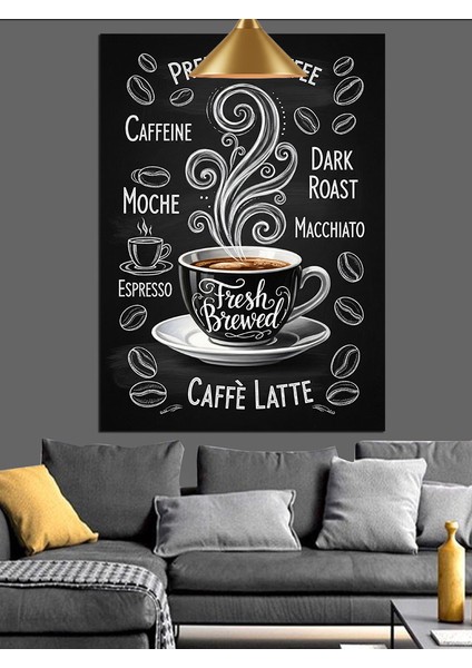 Siyah Beyaz Duman Çizimli Latte Kahve Afişi Dekoratif Kanvas - Mdf Ahşap Tablo indirimleri