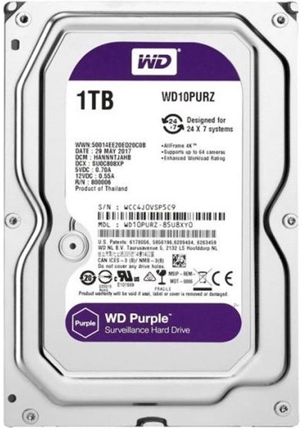 1 Tb Wd 3.5 Purple Sata3 5400RPM 64MB 7/24 Guvenlık WD10PURZ (3 Yıl Resmı Dıst Garantılı)
