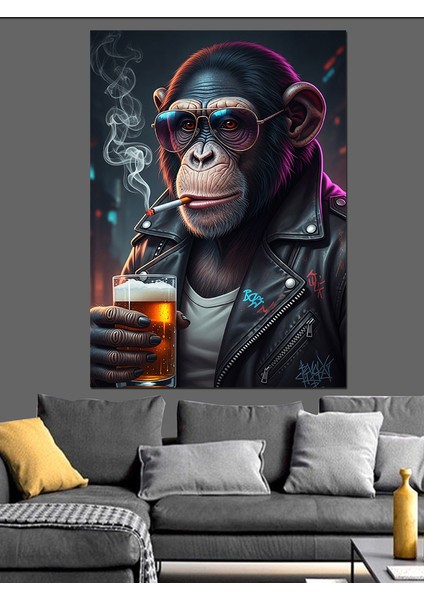 Bira Içen Maymun Gözlüğü Dekoratif Kanvas - Mdf Ahşap Tablo