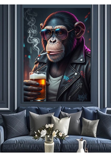 Bira Içen Maymun Gözlüğü Dekoratif Kanvas - Mdf Ahşap Tablo fiyatları