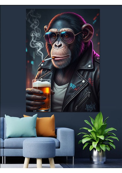 Bira Içen Maymun Gözlüğü Dekoratif Kanvas - Mdf Ahşap Tablo modelleri