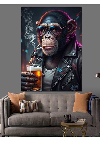 Bira Içen Maymun Gözlüğü Dekoratif Kanvas - Mdf Ahşap Tablo indirimleri