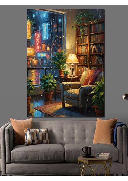 Kitaplı Lambalı Oda Manzarası Dekoratif Kanvas - Mdf Ahşap Tablo