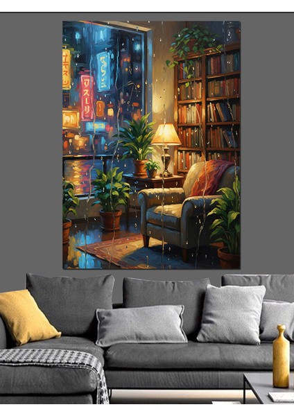 Kitaplı Lambalı Oda Manzarası Dekoratif Kanvas - Mdf Ahşap Tablo fiyatları