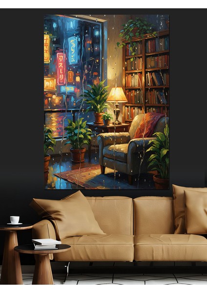 Kitaplı Lambalı Oda Manzarası Dekoratif Kanvas - Mdf Ahşap Tablo indirimleri