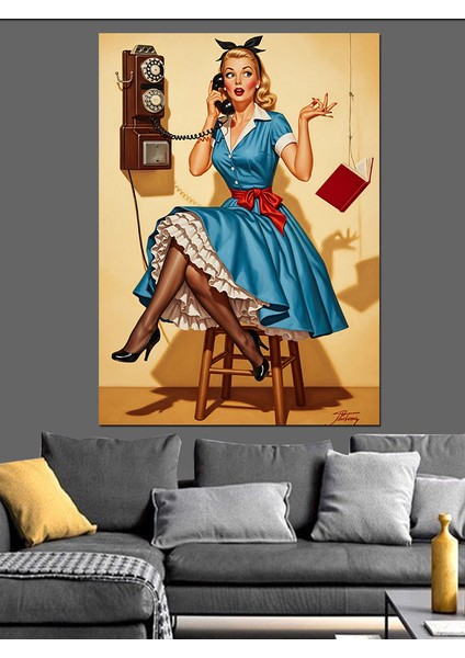 Mavi Elbiseli Vintage Kadın Telefonda Dekoratif Kanvas - Mdf Ahşap Tablo