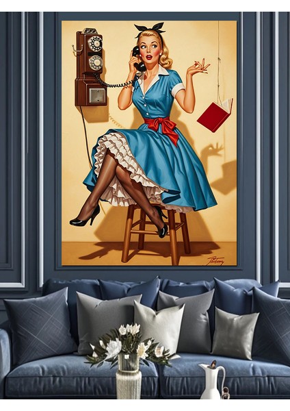 Mavi Elbiseli Vintage Kadın Telefonda Dekoratif Kanvas - Mdf Ahşap Tablo fiyatları