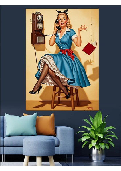 Mavi Elbiseli Vintage Kadın Telefonda Dekoratif Kanvas - Mdf Ahşap Tablo modelleri