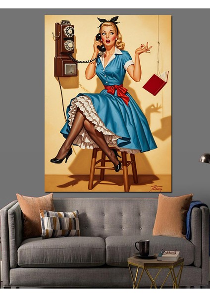 Mavi Elbiseli Vintage Kadın Telefonda Dekoratif Kanvas - Mdf Ahşap Tablo indirimleri