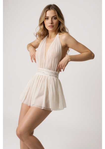 Kadın Beyaz Sırtı Açık Beli Dantelli Gecelik Takım modelleri