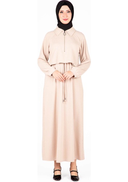 Ön Kısmı Fermuarlı Örme Bej Elbise 9448 fiyatları