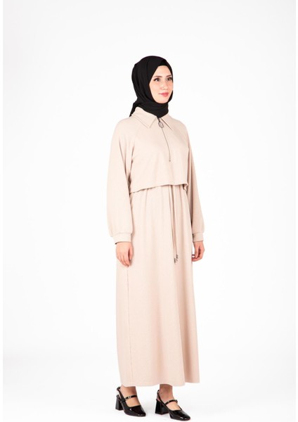 Ön Kısmı Fermuarlı Örme Bej Elbise 9448 modelleri
