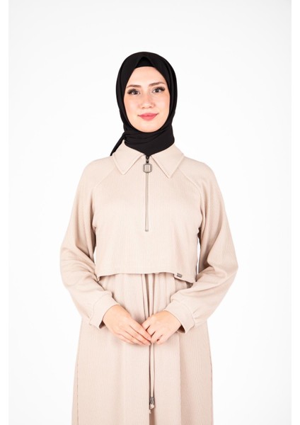 Ön Kısmı Fermuarlı Örme Bej Elbise 9448 indirimleri