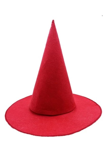 Kırmızı Renk Keçe Cadı Şapkası Yetişkin Çocuk Uyumlu 35X38 cm
