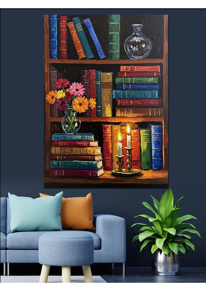 Kitaplık Dolu Eski Kitaplar Dekoratif Kanvas - Mdf Ahşap Tablo