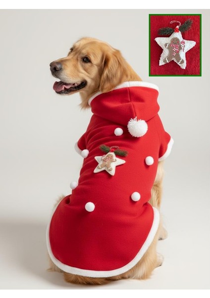 White Star Kırmızı Yılbaşı Köpek Kıyafeti | Noel Baba Kapüşonlu Polar Sweatshirt | Orta ve Büyük Irklar Için