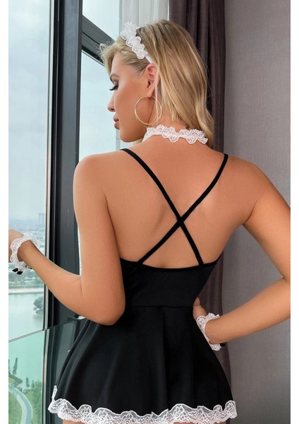 Kadın Siyah Dantel ve Tül Detaylı Tokalı Tanga Külotlu Hizmetçi Kostümü – Modern ve Şık Tasarım fiyatları