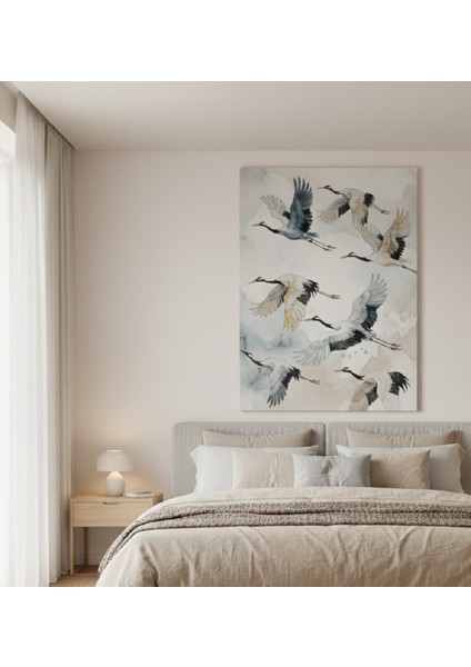 Beyaz Turna Kuşları Suluboya Görünümlü Modern Kanvas Tablo