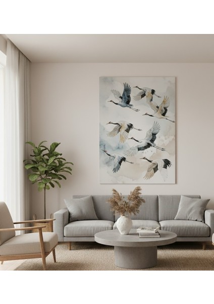 Beyaz Turna Kuşları Suluboya Görünümlü Modern Kanvas Tablo fiyatları