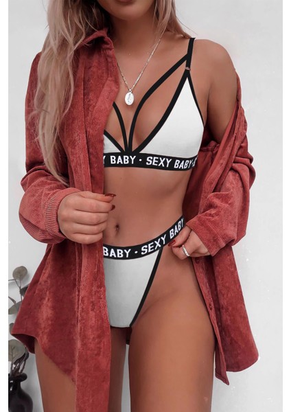 Kadın Beyaz Yazı Detaylı Ipli Sütyen Takımı – Modern, Konforlu ve Günlük Kombinlere Uygun