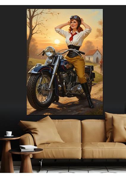 Motorsiklet Üzerinde Seksi Kadın Dekoratif Kanvas - Mdf Ahşap Tablo