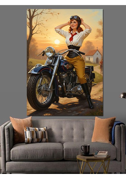Motorsiklet Üzerinde Seksi Kadın Dekoratif Kanvas - Mdf Ahşap Tablo fiyatları