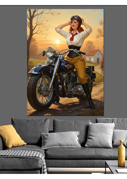 Motorsiklet Üzerinde Seksi Kadın Dekoratif Kanvas - Mdf Ahşap Tablo modelleri