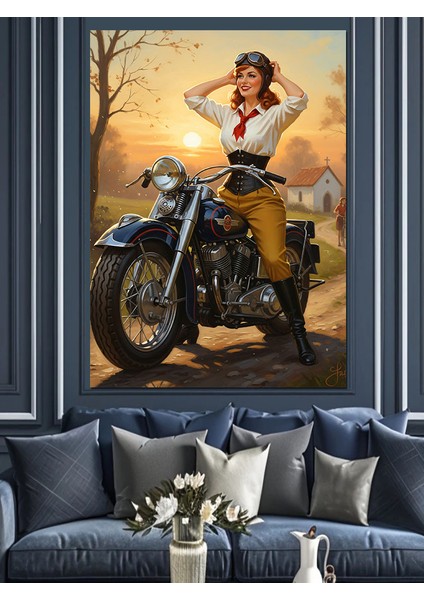 Motorsiklet Üzerinde Seksi Kadın Dekoratif Kanvas - Mdf Ahşap Tablo fırsatları