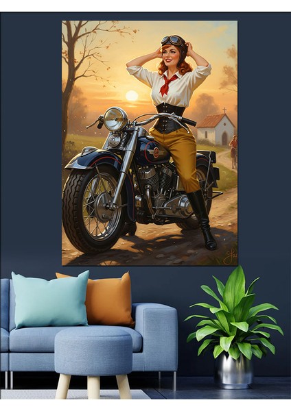Motorsiklet Üzerinde Seksi Kadın Dekoratif Kanvas - Mdf Ahşap Tablo indirimleri