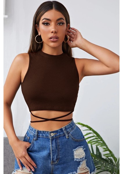 Kadın Kahverengi Çapraz Bağlamalı Crop Top Büstiyer – Modern ve Şık Tasarım