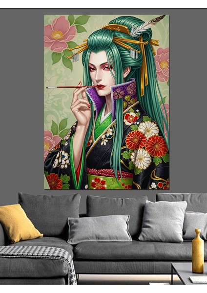 Yeşil Saçlı Kadın Illüstrasyon Dekoratif Kanvas - Mdf Ahşap Tablo