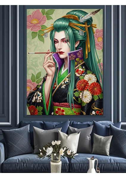 Yeşil Saçlı Kadın Illüstrasyon Dekoratif Kanvas - Mdf Ahşap Tablo fiyatları