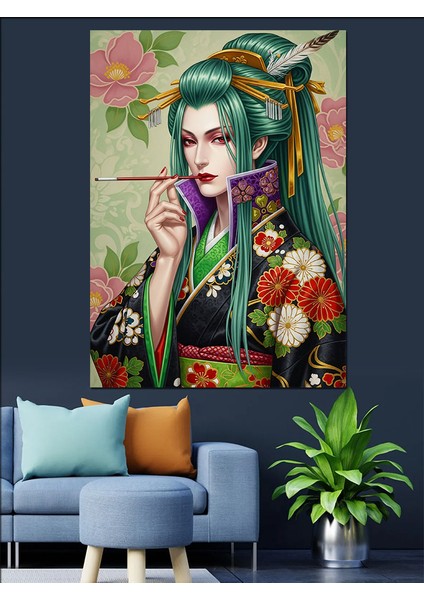 Yeşil Saçlı Kadın Illüstrasyon Dekoratif Kanvas - Mdf Ahşap Tablo modelleri
