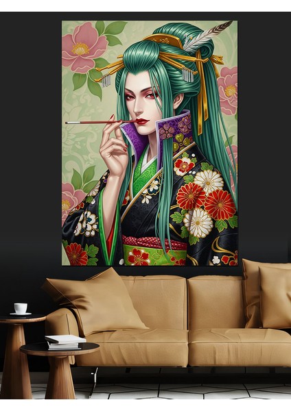 Yeşil Saçlı Kadın Illüstrasyon Dekoratif Kanvas - Mdf Ahşap Tablo fırsatları