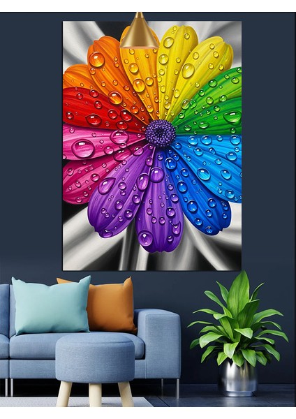 Gökkuşağı Renkli Çiçek ve Su Damlacıkları Dekoratif Kanvas - Mdf Ahşap Tablo