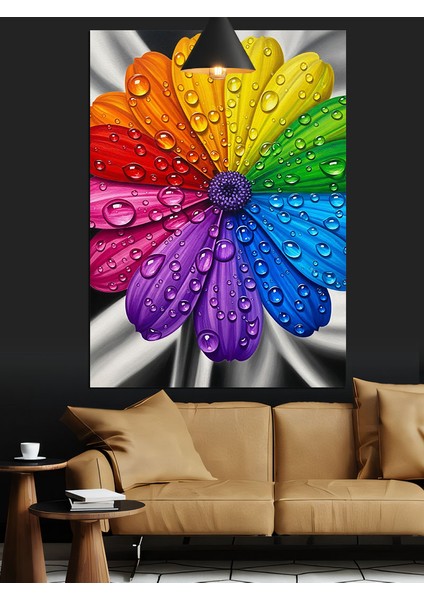 Gökkuşağı Renkli Çiçek ve Su Damlacıkları Dekoratif Kanvas - Mdf Ahşap Tablo fiyatları