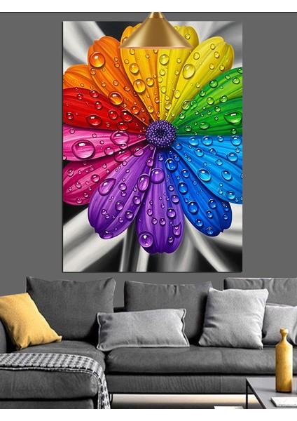 Gökkuşağı Renkli Çiçek ve Su Damlacıkları Dekoratif Kanvas - Mdf Ahşap Tablo modelleri
