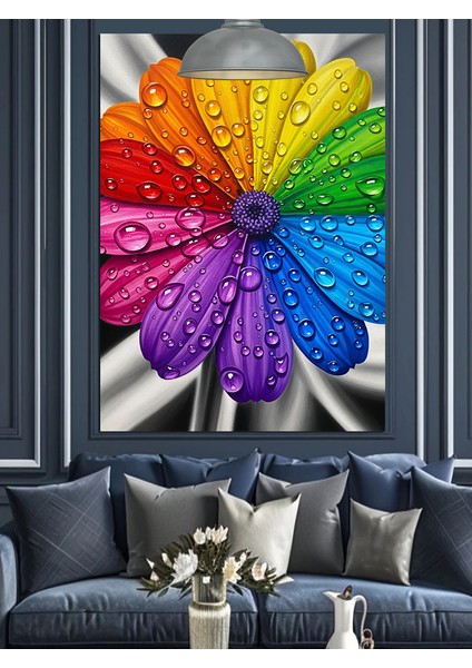 Gökkuşağı Renkli Çiçek ve Su Damlacıkları Dekoratif Kanvas - Mdf Ahşap Tablo fırsatları