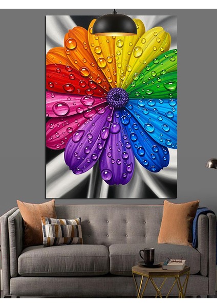Gökkuşağı Renkli Çiçek ve Su Damlacıkları Dekoratif Kanvas - Mdf Ahşap Tablo indirimleri