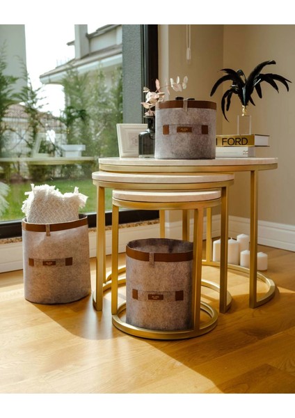 Deri Şeritli Yuvarlak Çok Amaçlı Düzenleyici Organizer Kutu Keçe Sepet (Mega) 03877