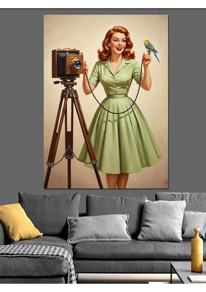 Fotoğrafçı Kadın Retro Kıyafet Dekoratif Kanvas - Mdf Ahşap Tablo