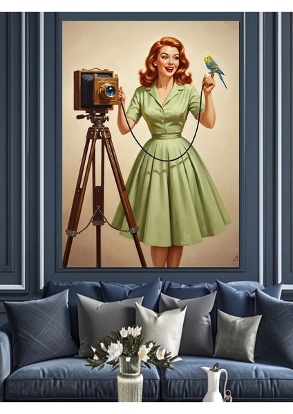 Fotoğrafçı Kadın Retro Kıyafet Dekoratif Kanvas - Mdf Ahşap Tablo fiyatları