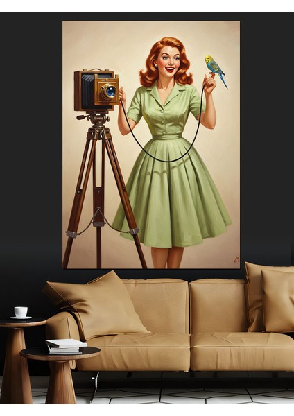 Fotoğrafçı Kadın Retro Kıyafet Dekoratif Kanvas - Mdf Ahşap Tablo fırsatları