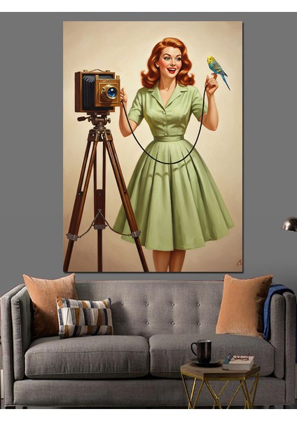 Fotoğrafçı Kadın Retro Kıyafet Dekoratif Kanvas - Mdf Ahşap Tablo indirimleri